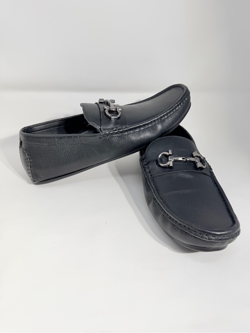 Black Leather Slip-On Loafers with Metal Bit Detail
